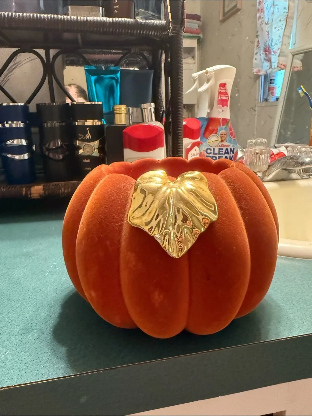 Bath & body Works  Velvet Orange Decorative Pumpkin with Gold Leaf Accent